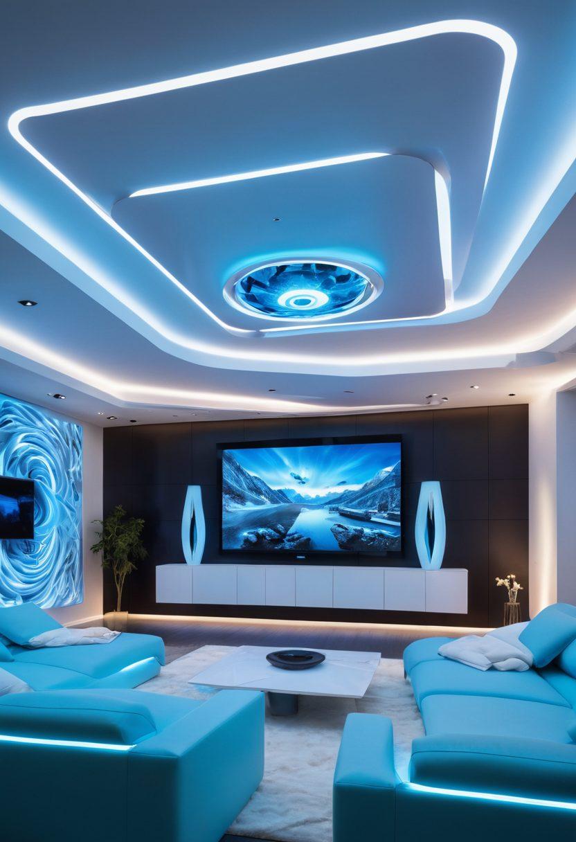 A futuristic multimedia setup featuring innovative cooling solutions such as sleek air ducts and advanced cooling fans, surrounded by vibrant screens displaying vivid, high-definition graphics. Include icy blue accents and dynamic elements like swirling cold air patterns that emphasize the cooling effect. The background should showcase a cozy multimedia room filled with comfortable seating, inviting viewers to explore this cool new tech. super-realistic. vibrant colors. 3D.