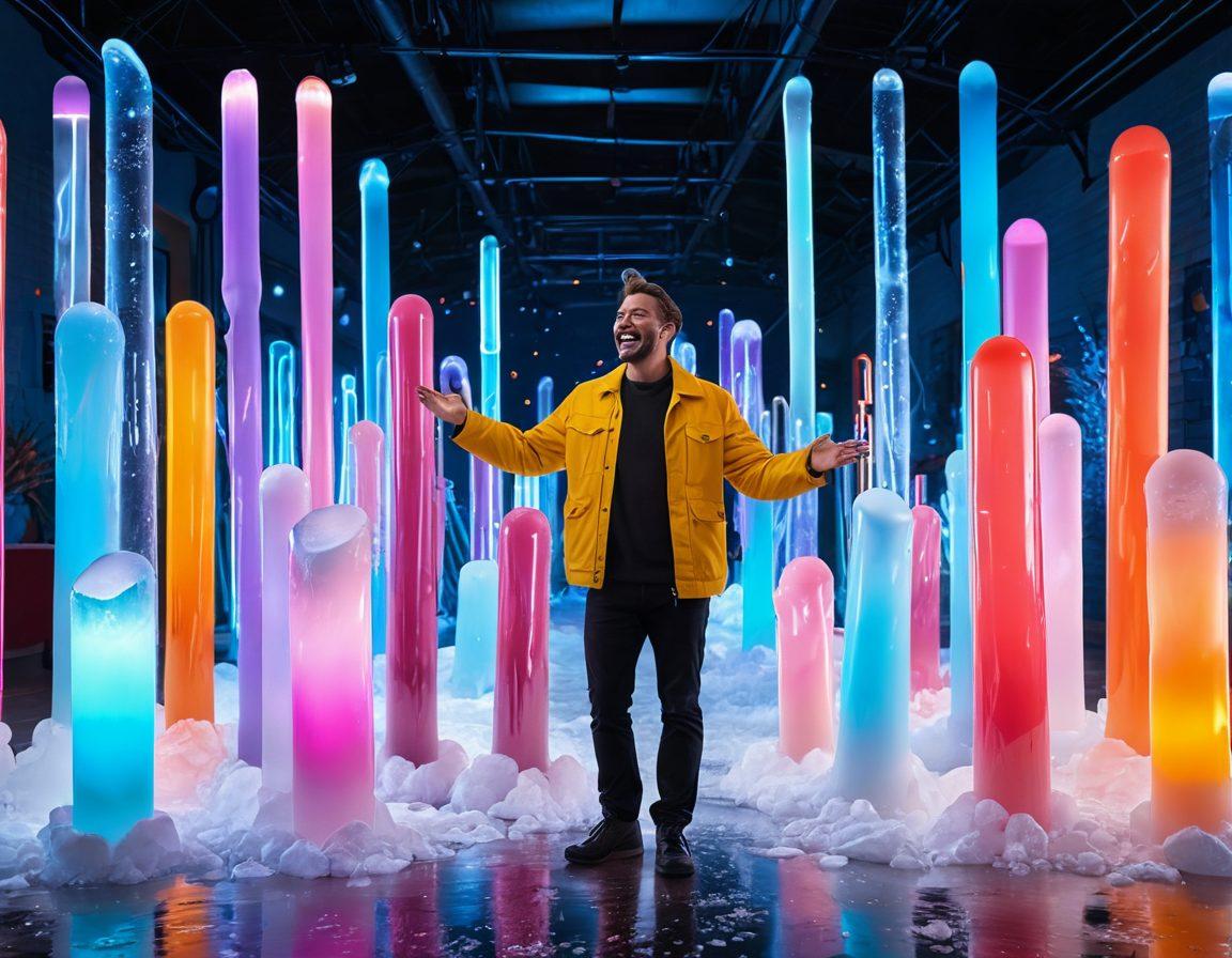 A dynamic scene featuring a content creator surrounded by colorful ice tubes, cascading vibrant water droplets, and excited viewers in a lively studio. The creator, in the middle of an energetic presentation, showcases the transformation from melancholy to joy, capturing the viewer's delight with expressive gestures. Bright neon lights highlight the ice tubes, creating a festive atmosphere. super-realistic. vibrant colors. 3D.