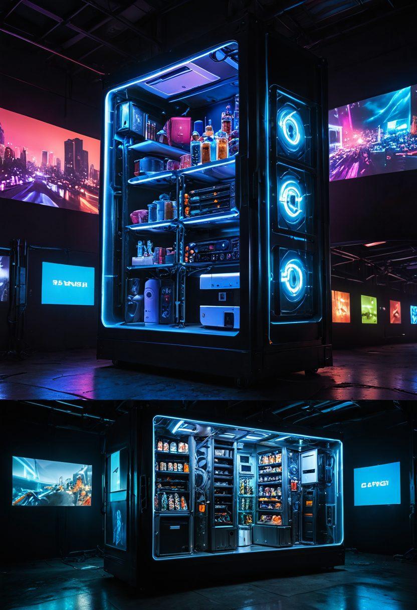 A vibrant collage showcasing a chilling container, resembling an enormous futuristic refrigerator, filled with various video entertainment devices like projectors, screens, and gaming consoles. Overlay an ethereal glow emitting from the container, symbolizing its revolutionary impact. Include contrasting elements of a gloomy environment outside transforming into a bright, lively entertainment scene inside. Highlight people enjoying themselves, laughing, and engaged in activities. cyberpunk style. vibrant colors. super-realistic.
